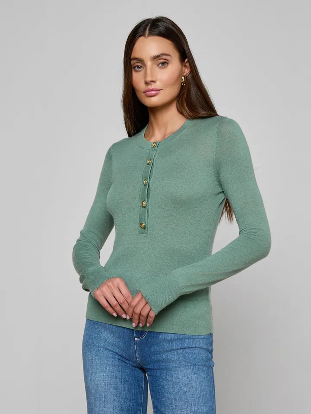 L'AGENCE Ronda Knit Henley Top - Jasper Green/Gold Lion NWT